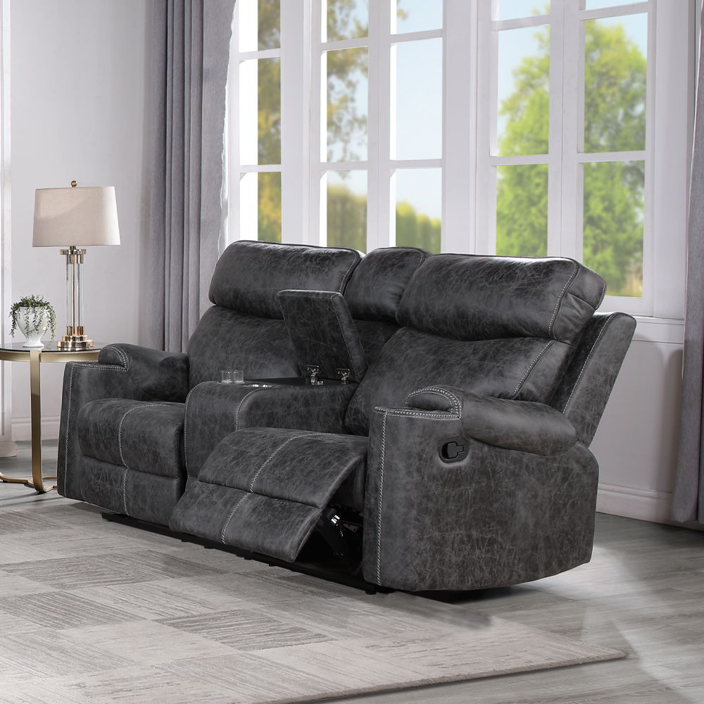 This Hirah motion sofa in dark gray polish microfiber offers both luxury and convenience. Featuring tight back and seat cushions with pocket coil construction and a sturdy wooden inner frame, it ensures maximum comfort. The loveseat includes a console wit