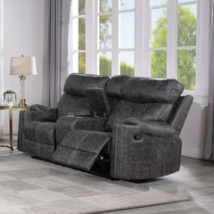 This Hirah motion sofa in dark gray polish microfiber offers both luxury and convenience. Featuring tight back and seat cushions with pocket coil construction and a sturdy wooden inner frame, it ensures maximum comfort. The loveseat includes a console wit