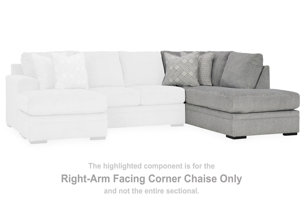 This right-arm facing corner chaise is made with polyester. Pairs with other items in the series to make a sectional.<br><br><b>Additional Dimensions</b><br><ul><li>Arm height: 69-"</li><li>Seat depth: 69-"</li><li>Seat height: 22-"</li><li>Top of cushion