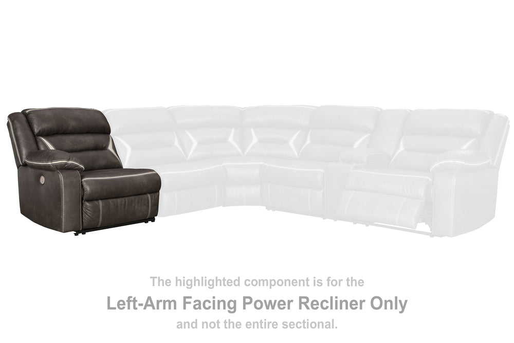 This left-arm facing power recliner is made with polyester/polyurethane upholstery. Pairs with other items in the series to make a sectional.<br><br><b>Additional Dimensions</b><br><ul><li>Arm height: 26.5-"</li><li>Distance between recliner and wall: 4-"