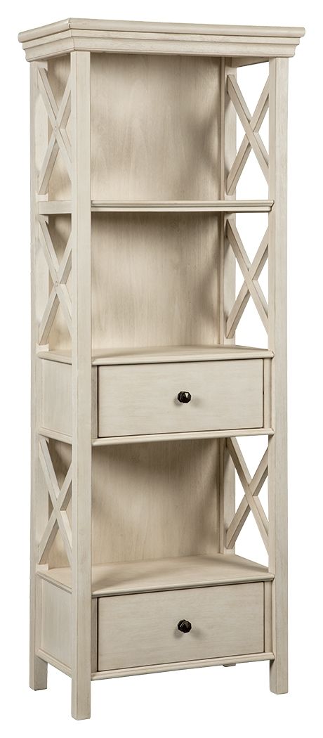 Need a stylish space to showcase dinnerware, pictures, decorations and more? This tall three-shelf display cabinet is a dream come true. The textured antiqued white finish provides a perfect backdrop for presentation. For the items you want to hide, there