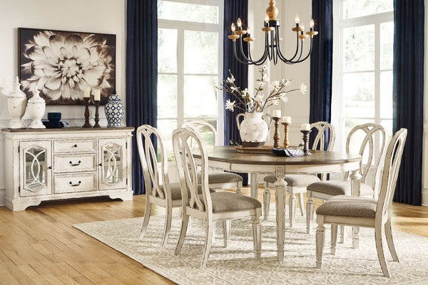 Traditional cottage design. Antiqued two-tone finish featuring chipped white with distressed wood finished tops. Tops feature Oak veneers, while the cases are made with birch veneers and hardwood solids. Framed drawer fronts and decorative fret laid over 