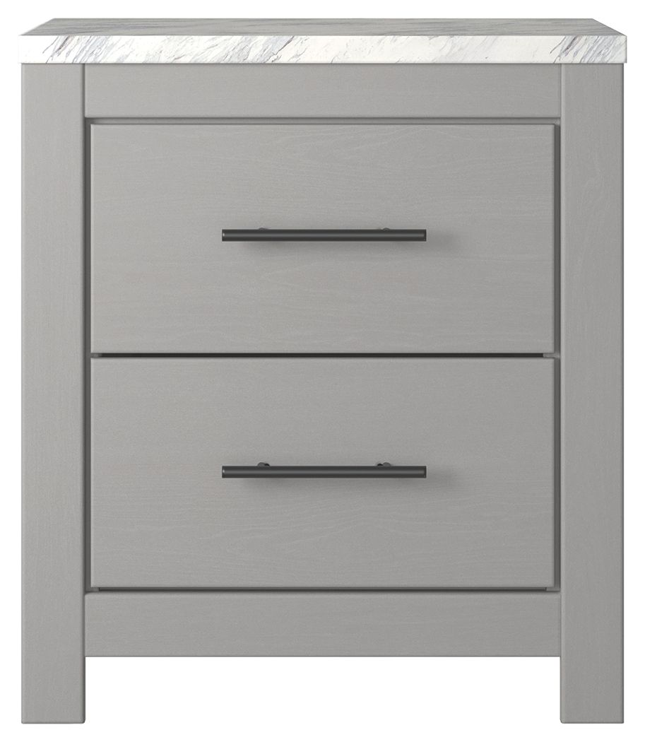 Cool, clean and casually modern. This nightstandâ€™s wispy dove gray finish and faux Calcutta marble top set the tone for your calming sanctuary. Large linear pulls add dimension and authenticity. Two smooth-gliding drawers neatly accommodate your bedside