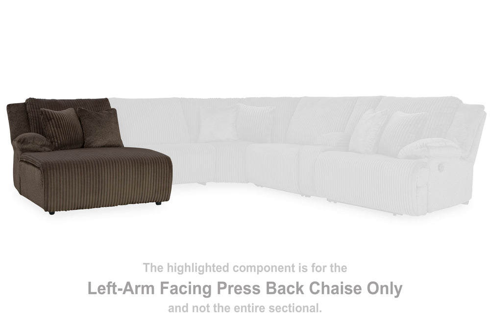 This left-arm facing press back chaise is made with polyester upholstery. Pairs with other items in the series to make a sectional.<br><br><b>Additional Dimensions</b><br><ul><li>Leg height: 2.25-"</li><li>Minimum width of doorway for delivery: 36-"</li><