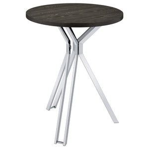 Gather around this sleek rustic-inspired contemporary bar table to wet your whistle. Designed with a wonderful contrast of woodsy and metallic elements, this beautiful modern bar table takes a masculine approach fit for game nights and beyond. Stand aroun