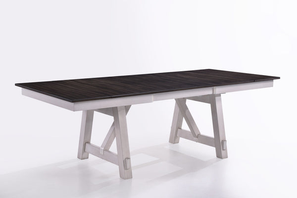 The Maisie Wood Two-Tone Dining Table offers a perfect blend of quality craftsmanship and welcoming rustic charm, ideal for any dining space. This table, crafted from solid rubberwood, manufactured woods, and Mindy wood veneers, is designed for durability