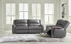 This reclining sofa and loveseat set appeals to your love for feature-filled furniture, all while maintaining a clean-lined and contemporary design. Pop-out storage and cup holders keep essentials close when you need them and tuck away easily when you don