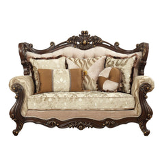 KD Back, w/5 Pillows â€¢ Oversized Floral-Scrolled Carving Trim with Nailhead Trim: Contrast Gold-Brush Accent, Poplar Wood (Front Armrest, Leg & Base) â€¢ Backrest Style: Wingback with Crystal like Button Tufted â€¢ Tight Back & Loose Seat Cushion (1+1) 