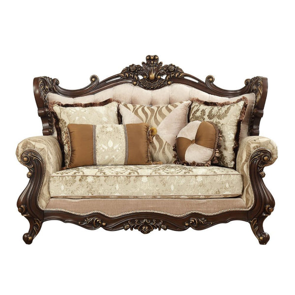 KD Back, w/5 Pillows â€¢ Oversized Floral-Scrolled Carving Trim with Nailhead Trim: Contrast Gold-Brush Accent, Poplar Wood (Front Armrest, Leg & Base) â€¢ Backrest Style: Wingback with Crystal like Button Tufted â€¢ Tight Back & Loose Seat Cushion (1+1) 