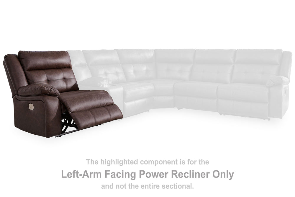 This left-arm facing power recliner is made with faux leather upholstery. Pairs with other items in the series to make a sectional.<br><br><b>Additional Dimensions</b><br><ul><li>Arm height: 24-"</li><li>Seat depth: 23-"</li><li>Seat height: 20-"</li><li>