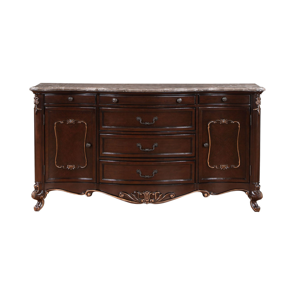 The Royal Classics Constantine Sideboard / Server in cherry combines heirloom craftsmanship with functional elegance, making it a refined addition to any dining room. Expertly crafted from solid pine and premium fancy face birch veneers, this piece ensure
