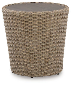 This end table completes your outdoor seating area with its fresh take on casual comfort. Handwoven resin wicker over a curving frame balances streamlined style and exceptional durability. An aluminum top polishes off the piece, acting as a perfect perch 