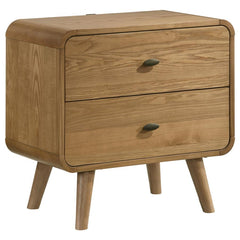Enhance bedside functionality with this mid-century modern nightstand, crafted from pine, engineered wood, and walnut veneer for lasting durability. Featuring rounded edges, tapered legs, and a sleek silhouette, it adds a touch of retro sophistication to 