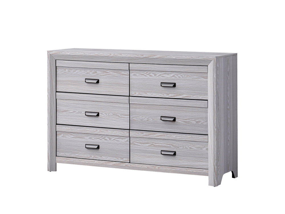 This bedroom set is the embodiment of understated sophistication, featuring a neutral drift wood finish that complements its clean and contemporary design. The robust bed frame anchors the room with a plush channel tufted headboard. Accompanying the bed a