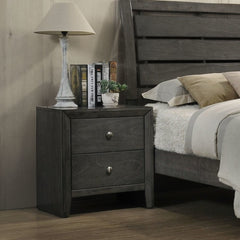 The Ilana contemporary bedroom set is expertly crafted with hand selected woods and veneers in a calming gray finish, featuring a modern slatted headboard design, low profile footboard and wooden tapered legs. With all matching case goods, this bedroom gr