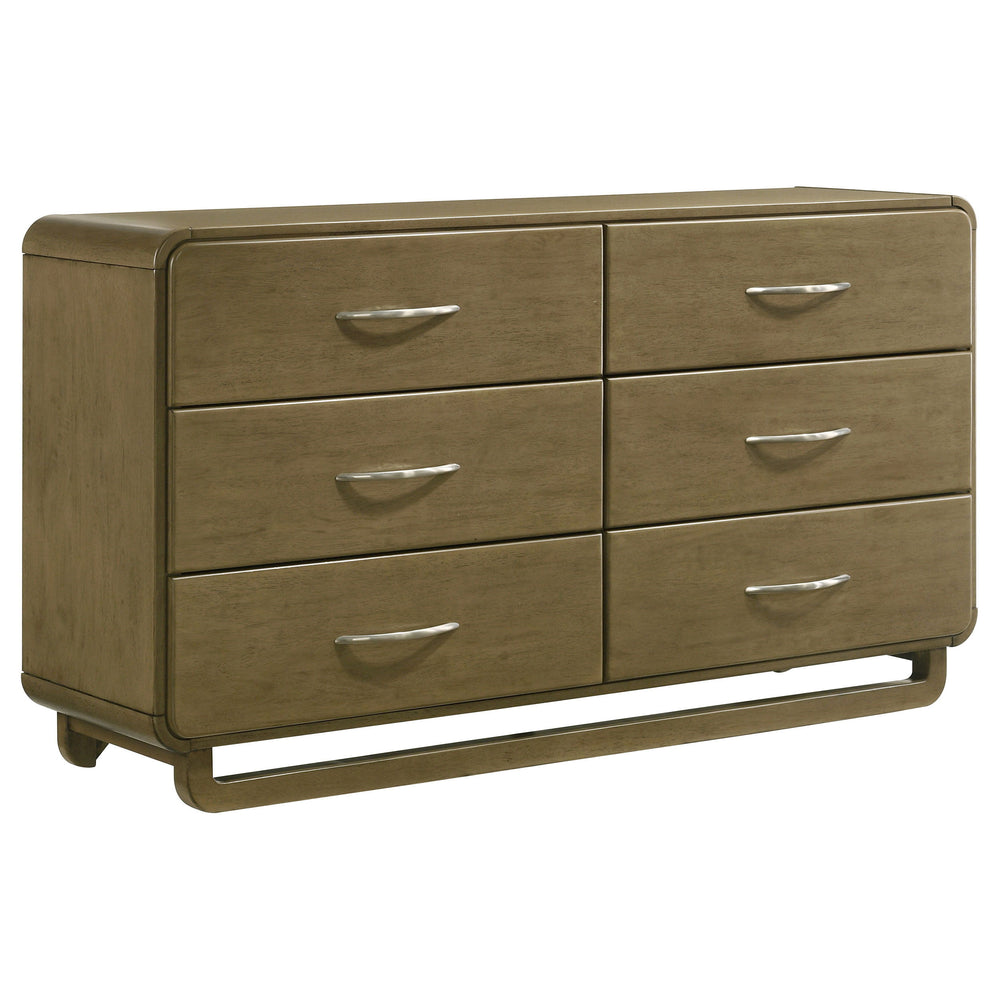 This six-drawer dresser offers a modern and sleek storage solution for your bedroom. The nutmeg wood finish exudes warmth while the rounded corners add a soft, contemporary touch to the design. Each drawer is equipped with metal extension glides, ensuring