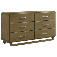 This six-drawer dresser offers a modern and sleek storage solution for your bedroom. The nutmeg wood finish exudes warmth while the rounded corners add a soft, contemporary touch to the design. Each drawer is equipped with metal extension glides, ensuring