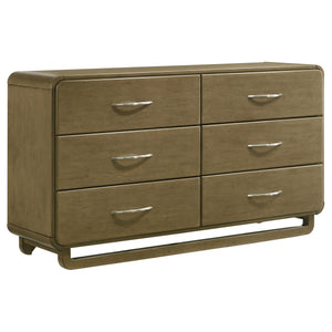 This six-drawer dresser offers a modern and sleek storage solution for your bedroom. The nutmeg wood finish exudes warmth while the rounded corners add a soft, contemporary touch to the design. Each drawer is equipped with metal extension glides, ensuring