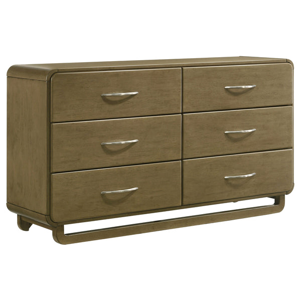 This six-drawer dresser offers a modern and sleek storage solution for your bedroom. The nutmeg wood finish exudes warmth while the rounded corners add a soft, contemporary touch to the design. Each drawer is equipped with metal extension glides, ensuring
