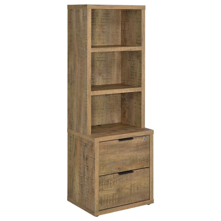 Enhance your home organization with this multifunctional bookcase, featuring a wood-inspired finish. Equipped with three open shelves and two drawers, it offers a mix of display and hidden storage options. The top drawer includes a secure locking mechanis