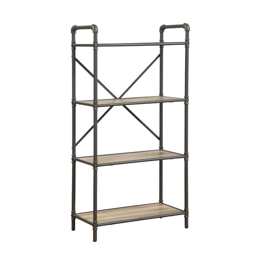 If you-'re a fan of urban industrial design, it-'s easy to see why the Itzel bookcase is a bestseller. The sandy gray frame is sleek, sculptural and ultra modern. Beautified with an antique oak finish, four gallery shelves stack up to great form and funct