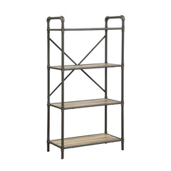 If you-'re a fan of urban industrial design, it-'s easy to see why the Itzel bookcase is a bestseller. The sandy gray frame is sleek, sculptural and ultra modern. Beautified with an antique oak finish, four gallery shelves stack up to great form and funct