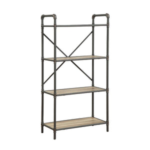 If you-'re a fan of urban industrial design, it-'s easy to see why the Itzel bookcase is a bestseller. The sandy gray frame is sleek, sculptural and ultra modern. Beautified with an antique oak finish, four gallery shelves stack up to great form and funct