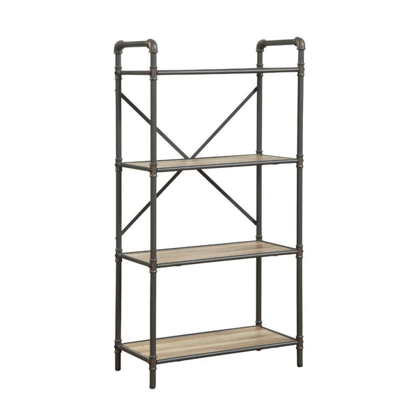 If you-'re a fan of urban industrial design, it-'s easy to see why the Itzel bookcase is a bestseller. The sandy gray frame is sleek, sculptural and ultra modern. Beautified with an antique oak finish, four gallery shelves stack up to great form and funct