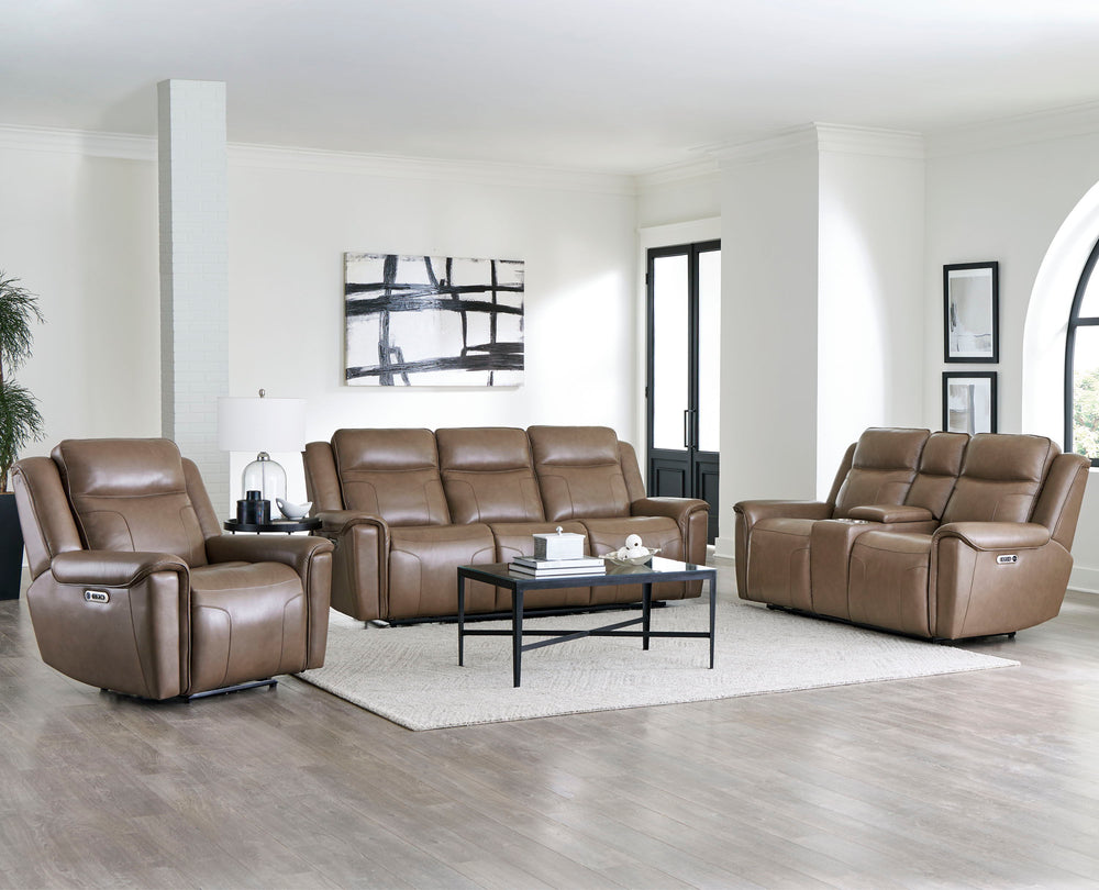 The Atlantis Sofa, Loveseat & Recliner Set is designed for ultimate relaxation. It is made with soft leather and custom match, and features a power recline and headrest for easily finding the perfect position for maximum relaxation. This loveseat also off
