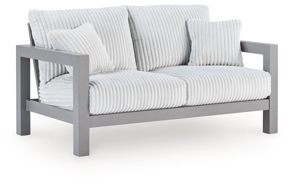 Indulge in luxe outside living without sacrificing longevity. This outdoor loveseat combines on-trend texture with a sleek aluminum frame. Lounge poolside or on the porchâ€”the comfy cushions are a chic spot for you and a partner to soak up the sun. And w