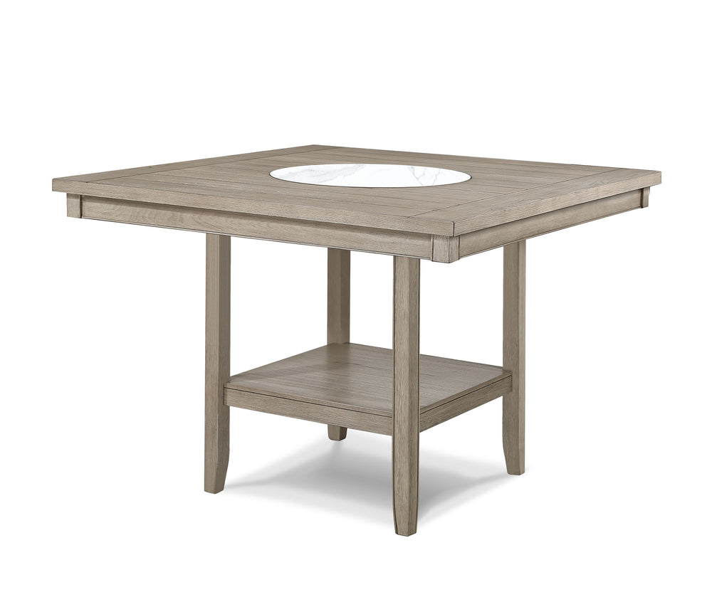 Elevate your dining experience with this elegant counter height dining set, designed to blend seamlessly with any modern or rustic dÃ©cor. The set features a spacious, finely crafted table with a built-in faux marble turntable and open lower shelf in a we