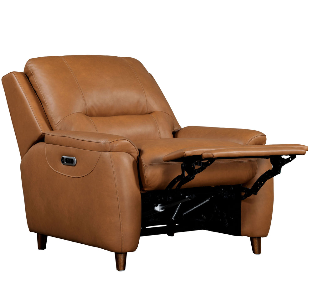 The Austin power reclining group is designed for ultimate comfort and convenience. It features independently operating power headrests and is upholstered in supple leather with a custom match. The modern high-leg design in a warm walnut finish gives it a 