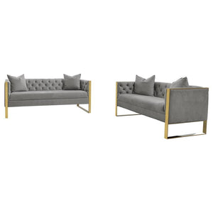  this sofa and loveseat offers a formal touch of Hollywood Regency to a home. Both seats and wrapped in a light grey velvet upholstery