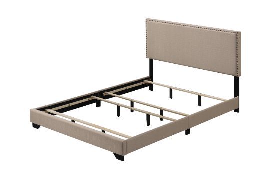 Solid color accent and ultra-sleek minimalist associate your bedroom with a modern aesthetic. Warm and soft fabric fully covers the bed from headboard to side rails to complete a comfy casual look. Nailhead trim adds a decorative border to the headboard, 