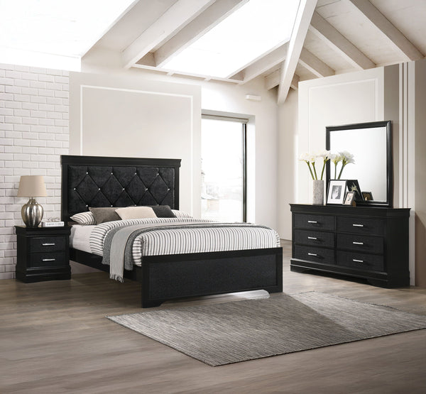 This bedroom set embodies a refined elegance with its rich black hue and luxurious textures, perfect for creating a serene and sophisticated sanctuary. The centerpiece is a sumptuous bed framed by a headboard with diamond-tufted detailing, offering a touc