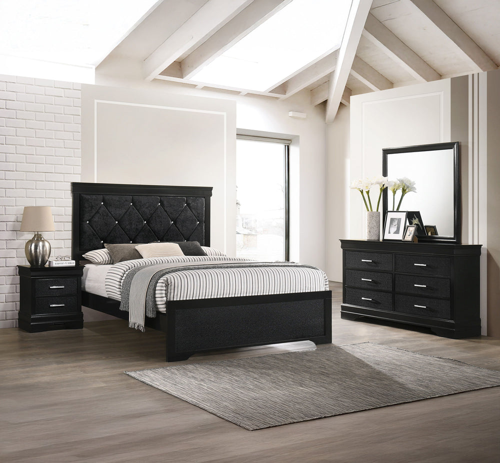 This bedroom set embodies a refined elegance with its rich black hue and luxurious textures, perfect for creating a serene and sophisticated sanctuary. The centerpiece is a sumptuous bed framed by a headboard with diamond-tufted detailing, offering a touc