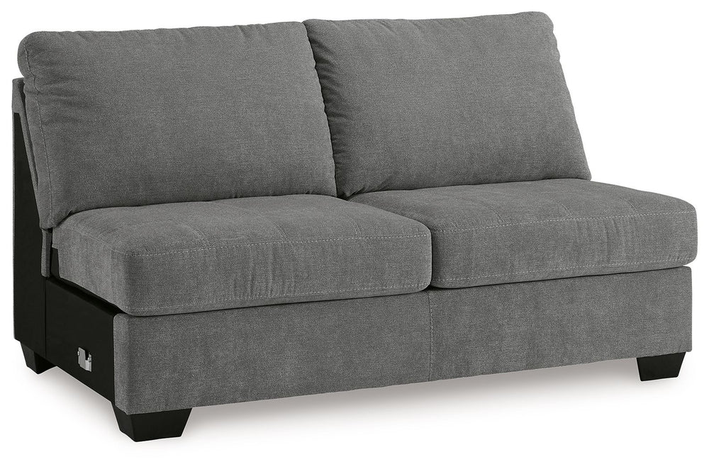 This armless loveseat is made with polyester upholstery. Pairs with other items in the series to make a sectional.<br><br><b>Additional Dimensions</b><br><ul><li>Seat depth: 21-"</li><li>Seat height: 20-"</li><li>Top of cushion to top of back: 18-"</li><l