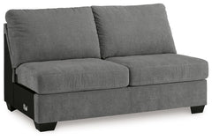 This armless loveseat is made with polyester upholstery. Pairs with other items in the series to make a sectional.<br><br><b>Additional Dimensions</b><br><ul><li>Seat depth: 21-"</li><li>Seat height: 20-"</li><li>Top of cushion to top of back: 18-"</li><l