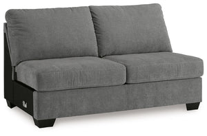 This armless loveseat is made with polyester upholstery. Pairs with other items in the series to make a sectional.<br><br><b>Additional Dimensions</b><br><ul><li>Seat depth: 21-"</li><li>Seat height: 20-"</li><li>Top of cushion to top of back: 18-"</li><l
