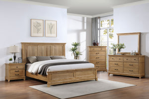 The Sunstone 5 Piece Wood Bedroom Set in Honey Brown features a Panel Bed, dresser, mirror, chest, and nightstand, all crafted with durable, quality construction using solid rubberwood, manufactured woods, and hickory wood veneers. This collection showcas