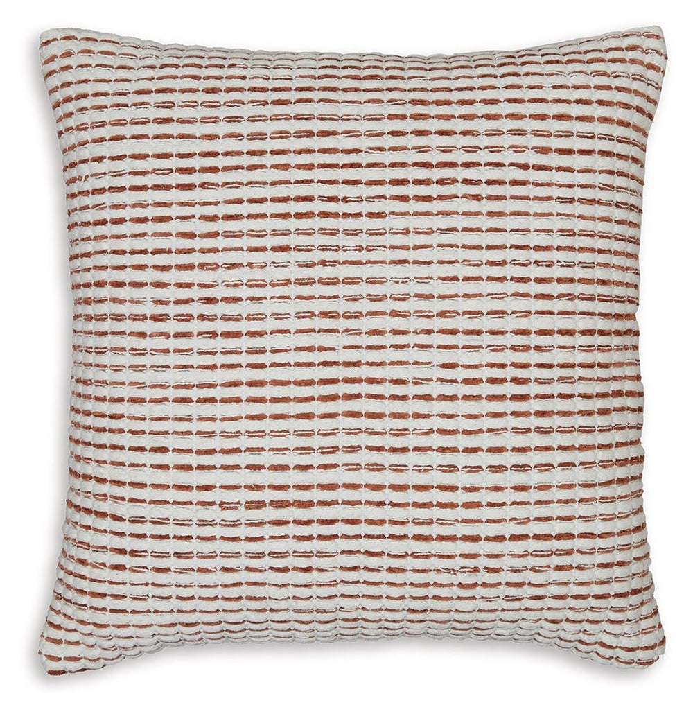 This throw pillowâ€™s woven stripe design lends a cozy, laid-back look. Its rust and white hues mingle well with neutrals and earth tones, adding an inviting air to your decor. Toss it on a bed or your go-to chair for a relaxed feel.<br/><br/><b>Product F