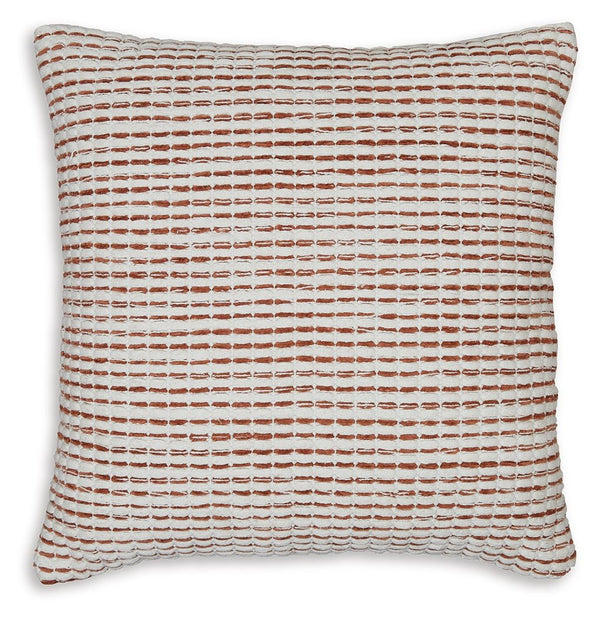 This throw pillowâ€™s woven stripe design lends a cozy, laid-back look. Its rust and white hues mingle well with neutrals and earth tones, adding an inviting air to your decor. Toss it on a bed or your go-to chair for a relaxed feel.<br/><br/><b>Product F