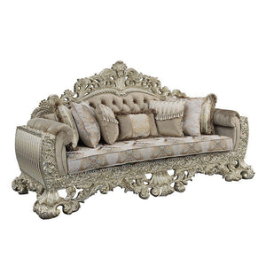 Leave your guests speechless when they enter your living room with the Sorina sofa. The stunning gold outer frame is flawlessly paired with the crystal-like button tufting to create a rich look. The damask upholstered seat cushion perfectly complements th