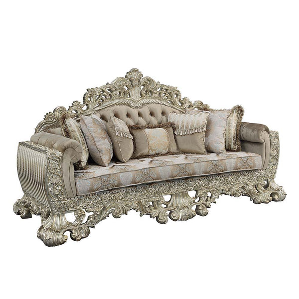 Leave your guests speechless when they enter your living room with the Sorina sofa. The stunning gold outer frame is flawlessly paired with the crystal-like button tufting to create a rich look. The damask upholstered seat cushion perfectly complements th