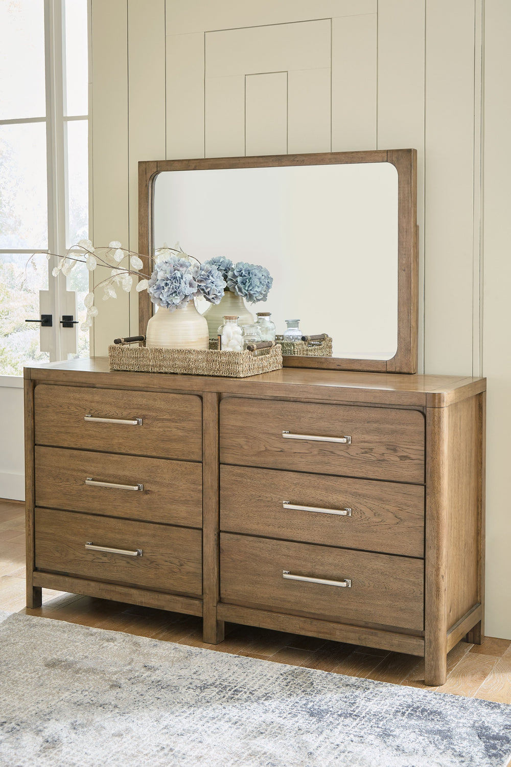 Cabalynn - 6 Pc. - Dresser, Mirror, California King Upholstered Bed, 2 Nightstands - Light Brown