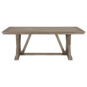  it-'s a rectangular silhouette complete with a trestle base design that adds artistic flair. The table is beautif