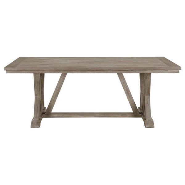  it-'s a rectangular silhouette complete with a trestle base design that adds artistic flair. The table is beautif