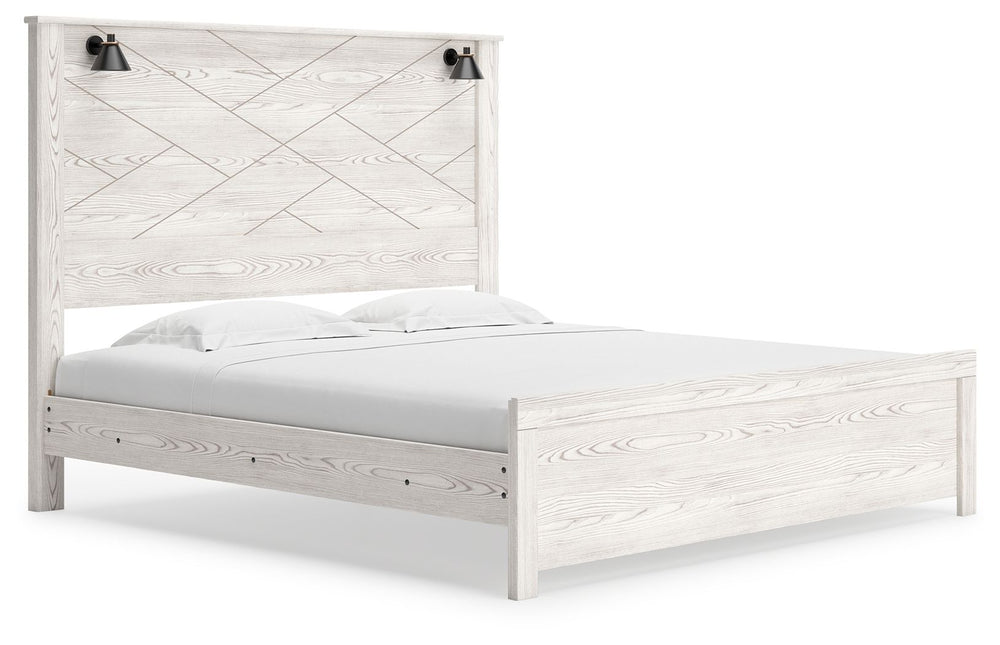 Cool, clean and casually modern. This king panel bedâ€™s white rustic finish sets the tone for your calming sanctuary. Matte black sconce lights and an abstract design on the headboard bring a fresh look to the bedâ€™s simply stunning profile. <h4><b>Gerr