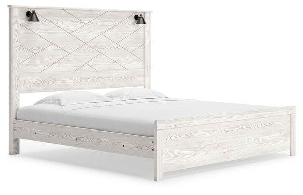 Cool, clean and casually modern. This king panel bedâ€™s white rustic finish sets the tone for your calming sanctuary. Matte black sconce lights and an abstract design on the headboard bring a fresh look to the bedâ€™s simply stunning profile. <h4><b>Gerr
