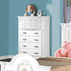 5 Drawers (Oversized Bottom Drawer with Double Handles) Drawer: Wooden Center Drawer Glide, Dovetail Included, Felt-Lined Top Drawer Hardware: Double Crystal like Knob (2 Top Drawer), Rossete Handle (3 Bottom Drawer) Wooden Construction Case-Frame: Bow To